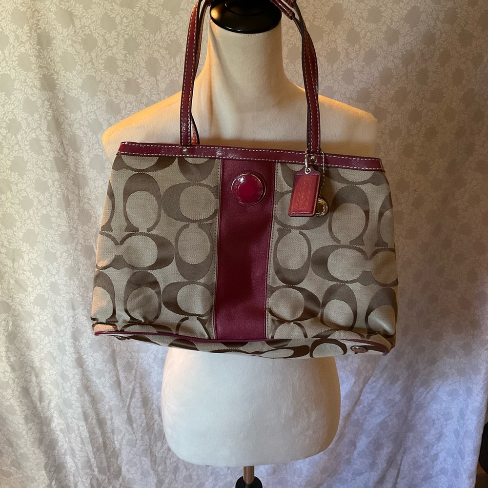 Coach Beige Signature Canvas Tote with Burgundy Leather Trim